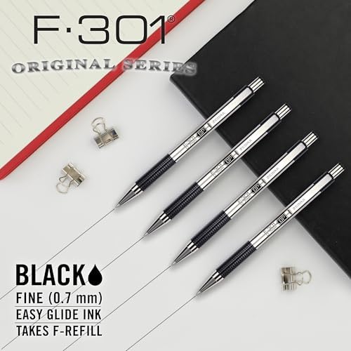 Zebra Pen STEEL F-301 Retractable Ballpoint Pen, Black Ink, 0.7mm, 4-Pack