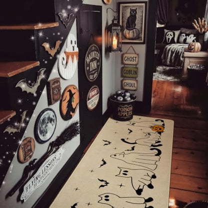 Ghost Black Cat Halloween Kitchen Rugs and Mats Set of 2, (17"x47"+17"x30") Gothic Cute Spooky Season Pumpkin Trick Or Treat Non Skid Washable Runner Rugs for Home Decor Decorations and Accessories