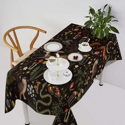 Rustic Forest Tablecloth, Fairy Tale Forest Woodland Wild Animals Moths Flowers Moon Star Table Cover for Home Kitchen Dining Table Party Camping Decor 60x90in