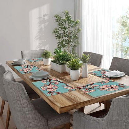 Batmerry Shabby Chic Cherry Blossom Linen Placemats Set of 8, Pink Floral Turquoise Background Washable Table Mats for Kitchen Table Thickened Heat Insulation Dining Set Indoor Outdoor 12X18 in