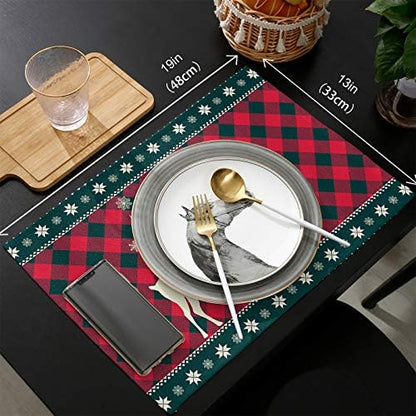 Christmas Trees Reindeer Elk Placemats Set of 6, Red Holiday Buffalo Checkered Plaid Cotton Line Stain Resistant Table Mats Washable Holidays Placemat Decoration For Kitchen Dining Table Farmhouse