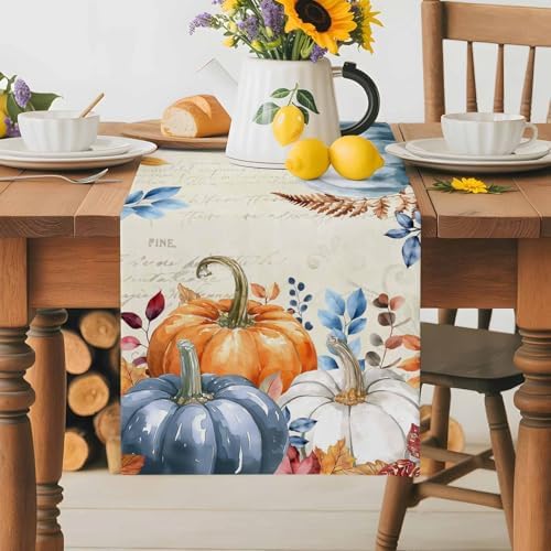 Fall Orange Blue Pumpkin Table Runner Dresser Scarf 13 x 60 Inch Eucalyptus Leaf Retro Thanksgiving Table Runners Non-Slip Heat Resistant Kitchen Dining Table Decor for Autumn Holidays Indoor Outdoor