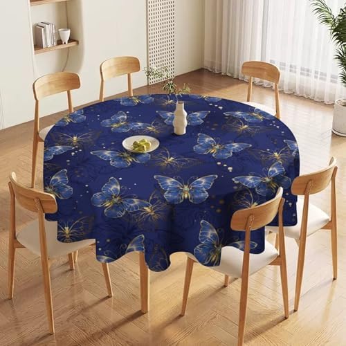 Retro Blue Butterfly Tablecloth, Luxury Golden Blue Butterfly Print Table Cover for Home Dining Decor Kitchen Party Outdoor, 70x70in