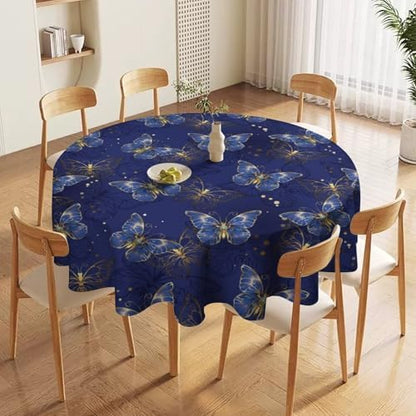 Retro Blue Butterfly Tablecloth, Luxury Golden Blue Butterfly Print Table Cover for Home Dining Decor Kitchen Party Outdoor, 70x70in