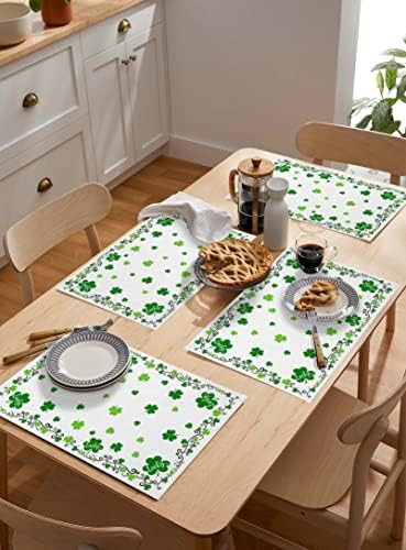St. Patrick's Day Placemats Set of 4, Green Shamrock Irish Clover Heat Resistant Washable Dining Table Mats Seasonal Spring Holiday Farmhouse Decor for Kitchen&Table Linens Outdoor Indoor