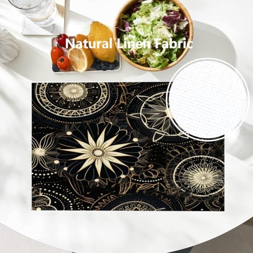 Batmerry Circular Patterns Floral Designs Placemats, Black and Gold Decorative Patterns Washable Linen Table Mats for Kitchen Table Double Insulation Decor Dining Set Indoor Outdoor 12X18 in Set of 6