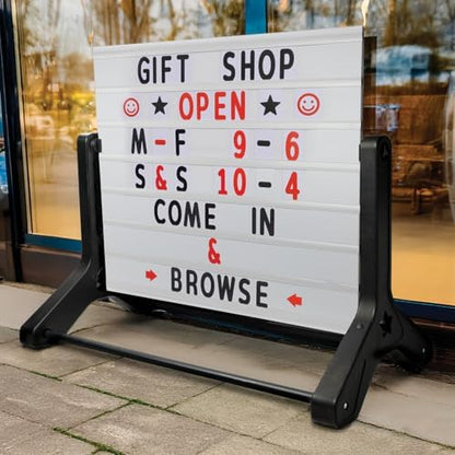 Swinging Changeable Message Sidewalk Sign: 48" x 36" Sign with 792 Pre-Cut Double Sided Letters and Storage Box. Includes Black Board & Letter Board (Black Color Legs)