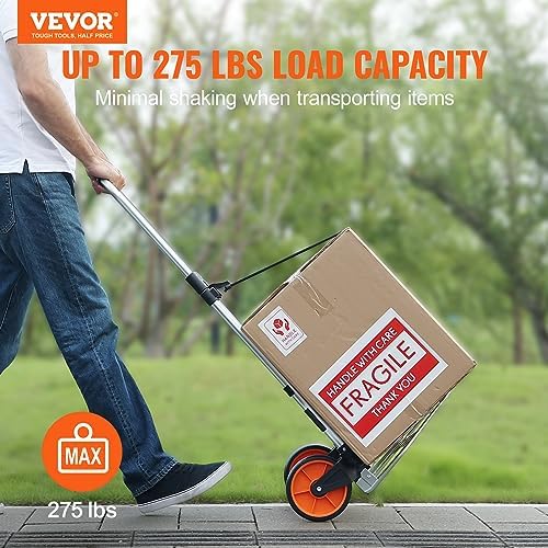 VEVOR Folding Hand Truck and Dolly, 275 Lbs Capacity, Aluminum Foldable Cart, Heavy-Duty Luggage Trolley Cart with Telescoping Handle and PP+TPR Wheels for Home, Office, Shopping, Travel