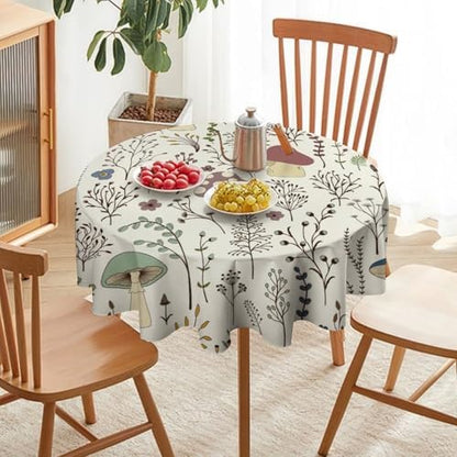 Mushroom Tablecloth, Boho Floral Rustic Wildflower Herbs Plants Colorful Botanical Green Leaves Print Table Cloth for Kitchen Dining Picnic Party Restaurant Decoration, 36x36in