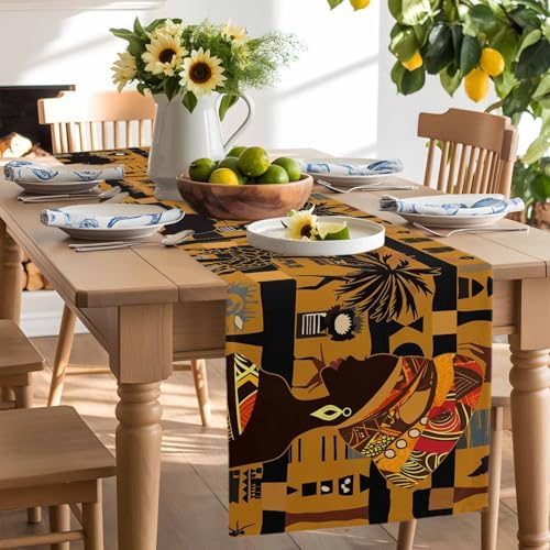 Black African Female Table Runner Dresser Scarf 13 x 120 Inch Elephant Giraffe Ethnic Wind Brown Black Table Runners Non-Slip Heat Resistant Kitchen Dining Table Decor for Home Holidays Indoor Outdoor