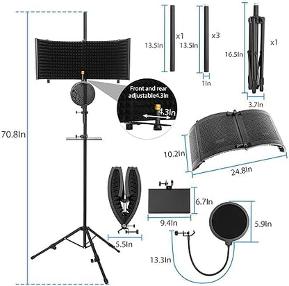 Microphone Isolation Shield with Stand Curved Panel, Foldable Mic Shield with Triple Sound Insulation, Studio Mic Sound Absorbing Foam Reflector for Sound Recording, Podcasts