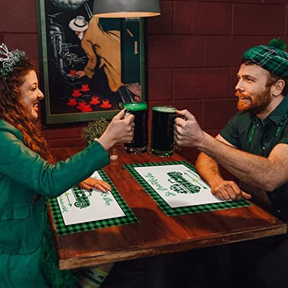 St. Patrick's Day Placemats Set of 6, Farm Buffalo Plaid Truck Shamrock Clover Cotton Linen Heat Resistant Table Mats Washable Spring Holidays Decorations For Kitchen Dining Table Green Black