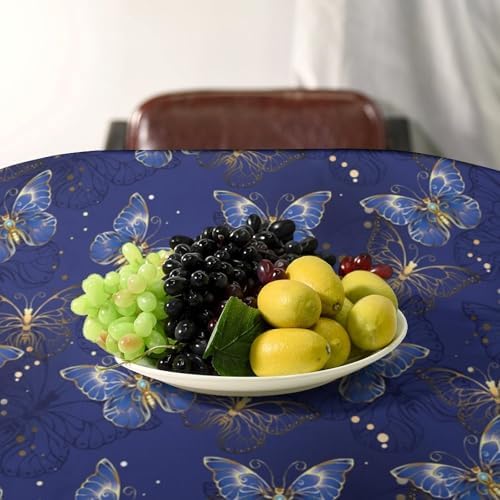 Retro Blue Butterfly Tablecloth, Luxury Golden Blue Butterfly Print Table Cover for Home Dining Decor Kitchen Party Outdoor 55x55in