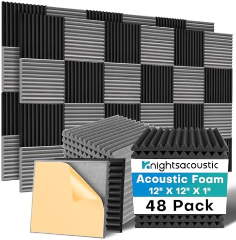Knightsacoustic 48 Pack Sound Proof Foam Panels for Walls with Self Adhesive, 12x12x1 Acoustic Foam Panels, High Density Acoustic Panels Sound Absorbing, Fire Resistant Studio Sound Proofing Black