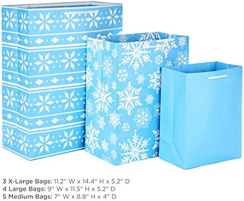 Hallmark Christmas Gift Bags Assorted Sizes (12 Bags: 5 Medium 8", 4 Large 11", 3 Extra Large 14") Red, Blue, Green, Solids, Snowflakes, Stripes (Pack of 2)