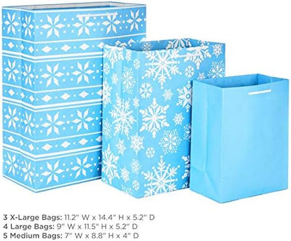 Hallmark Christmas Gift Bags Assorted Sizes (12 Bags: 5 Medium 8", 4 Large 11", 3 Extra Large 14") Red, Blue, Green, Solids, Snowflakes, Stripes (Pack of 2)