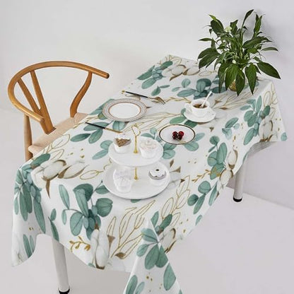 Cotton Flowers Tablecloth, Watercolor Summer Green Golden Eucalyptus Leaves Floral Print Table Cloth for Outdoor Picnic Home Dining Kitchen Table Decor 60x110in
