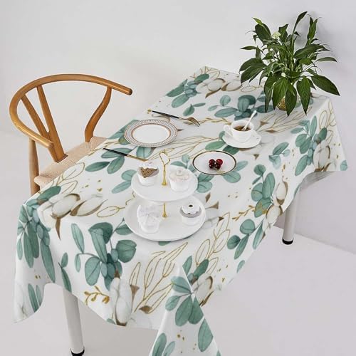 Cotton Flowers Tablecloth, Watercolor Summer Green Golden Eucalyptus Leaves Floral Print Table Cloth for Outdoor Picnic Home Dining Kitchen Table Decor 60x90in