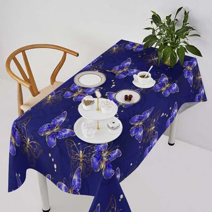 Dark Purple Butterfly Tablecloth, Luxury Golden Blue Purple Butterfly Print Table Cloth for Outdoor Patio Party Picnic Wedding Indoor Kitchen Dinner Table Decor 60x120in