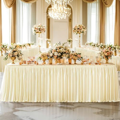 Wish Care 14ft Champagne Satin Table Skirt for Rectangle Tables Wrinkle Free Teacher Desk Skirt Glitter Ruffle Table Skirting Cloth for Back to School Classroom Office Dorm Birthday Party Table Decor