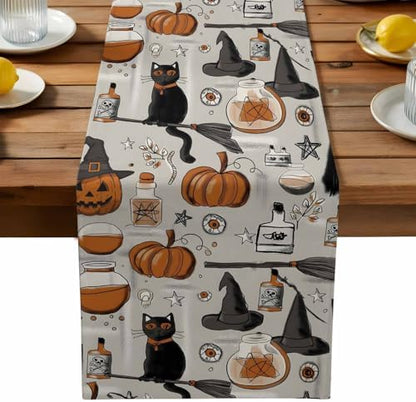Vintage Style Table Runner Dresser Scarf 13 x 108 Inch Halloween Black Cat Orange Pumpkin Witch Hat Table Runners Non-Slip Heat Resistant Kitchen Dining Table Decor for Home Holidays Indoor Outdoor