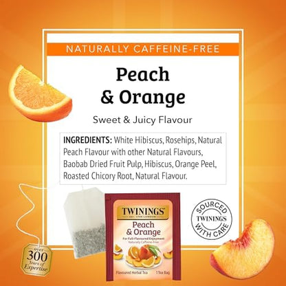 Twinings Peach & Orange Herbal Tea Individually Wrapped Bags, 100 Count (Pack of 1), Juicy & Fruity, Naturally Caffeine-Free, Enjoy Hot or Iced, 100 Teabags