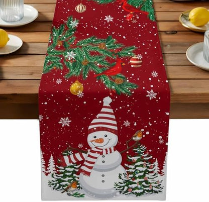 Christmas Cartoon Snowman Table Runner Dresser Scarf 13 x 36 Inch Holly Bird Pine Tree Snow Red Table Runners Non-Slip Heat Resistant Kitchen Dining Table Decor for Winter Holidays Indoor Outdoor