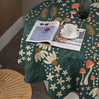 Mushroom Table Cloth, Vintage Woodland Summer Flowers Plants Forest Botanical Leaves Table Cover for Farmhouse Kitchen Dining Room Table Decor, 70x70in