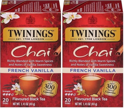 Twinings French Vanilla Chai Black Tea Individually Wrapped Bags, 20 Count (Pack of 2), Warm, Sweet & Spicy, Caffeinated, Enjoy Hot or Iced, 20 Teabags