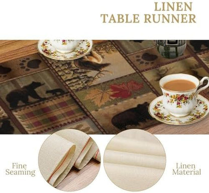 Rustic Bear Table Runner, Vintage Cottage Country Style Pine Tree Elk Wildlife Dinner Runner for Home Kitchen Dining Table Decoration 13"x60"