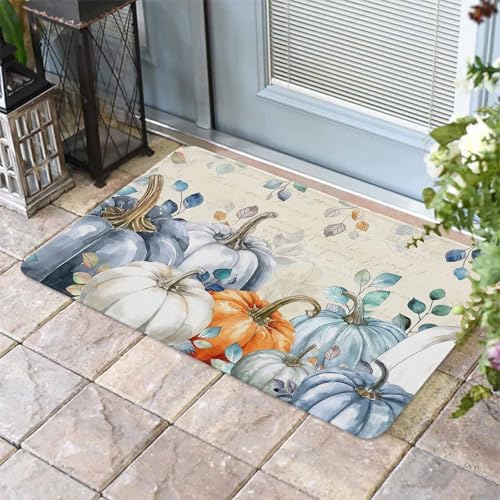 Fall Door Mat Blue Pumpkin Doormat Eucalyptus Leaves Branch Harvest Thanksgiving Welcome Mat Non Slip Rubber Entryway Front Rug Floor Mat for Indoor Outdoor Kitchen Autumn Holiday Home Decor 18x30