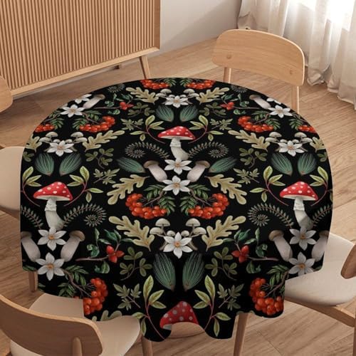 Autumn Mushroom Tablecloth, Rustic Vintage Farmhouse Mushrooms Fern Berries Leaves Botanical Print Table Cover for Outdoor Party Picnic Kitchen Dinning Table Decor, 36x36in
