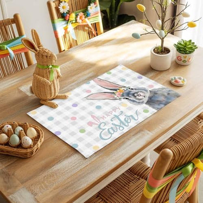 Easter Placemats Set of 6, Floral Bunny Place Mats Washable Dining Table Mats Spring Holiday Party Decor for Kitchen&Linens Outdoor Indoor, Polka Dots Grey Buffalo Plaid