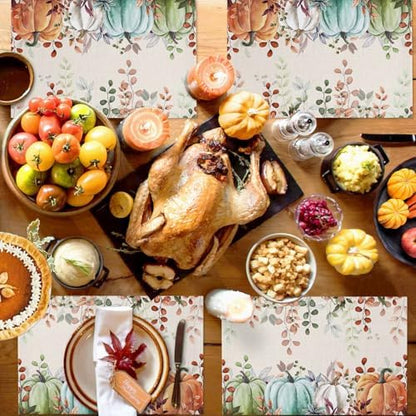 Fall Thanksgiving Placemats Set of 6, Autumn Pumpkins Eucalyptus Leaves Heat Resistant Washable Dining Table Mats Fall Holiday Farmhouse Decor for Kitchen&Linens Outdoor Indoor, Blue Sage Green Orange