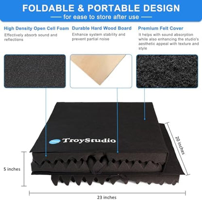 TroyStudio Large Microphone Isolation Shield, Foldable Vocal Booth Reflection Filter, 2 Inches Thick Acoustic Foam Panel Music Sing Podcast Recording Studio Adjustable Sound Box for Desk & Laptop