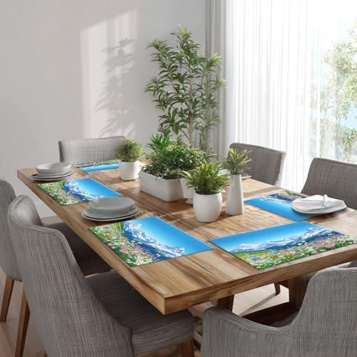 Batmerry Serene Environment Alpine Ry Linen Placemats Set of 6, Blooming Flora Mountainous Terrain Washable Table Mats for Kitchen Table Thickened Heat Insulation Dining Set Indoor Outdoor 12X18 in