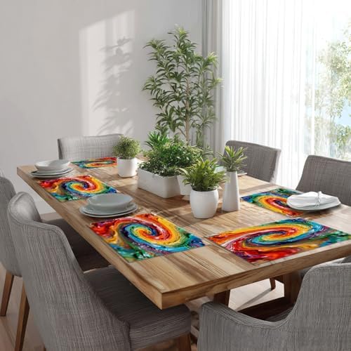 Batmerry Multicolor Abstract Art Linen Placemats Set of 8, Colorful Grunge Macro Closeup Washable Table Mats for Kitchen Table Thickened Heat Insulation Dining Set Indoor Outdoor 12X18 in