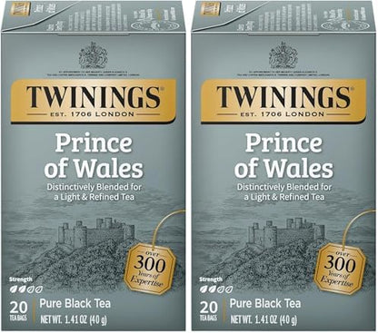 Twinings Prince of Wales Black Tea Individually Wrapped Bags, 20 Count (Pack of 2), Velvety Smooth & Mild, Caffeinated, Enjoy Hot or Iced, 20 Teabags