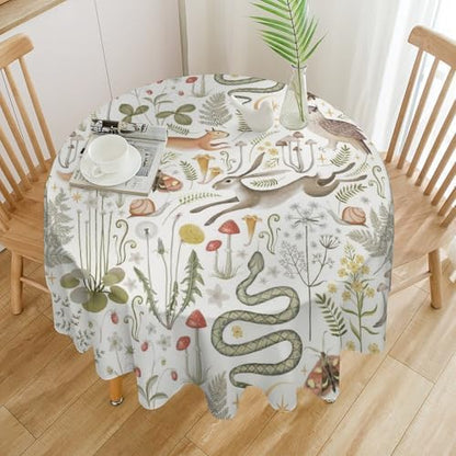 Country Forest Tablecloth, Wild Animal Hare Squirrel Owl Snake Snail Flowers Mushroom Table Cover for Tea Party Weddings Indoor Outdoor Dining, 60x60in