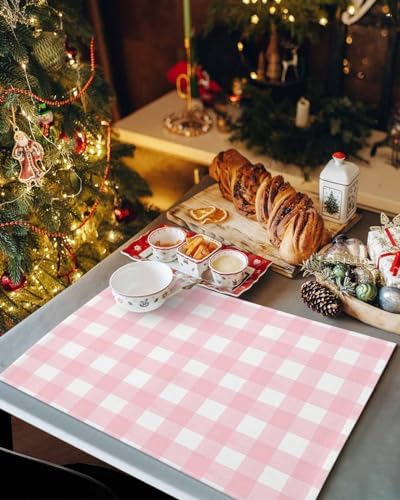 Christmas Placemats Set of 4, Rustic Pink White Buffalo Check Plaid Pattern Heat Resistant Washable Table Place Mats Farmhouse Cotton Table Linens Party Holiday Decor For Kitchen Dining Outdoor Indoor