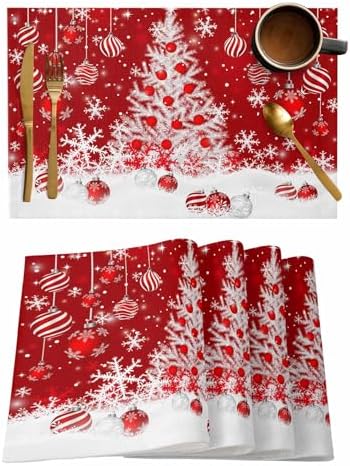 Red Christmas Placemats Set of 4, White Xmas Tree Snowflakes Red Balls Heat Resistant Washable Table Place Mats Winter Cotton Table Linens Party Holiday Decor for Kitchen Dining Outdoor Indoor