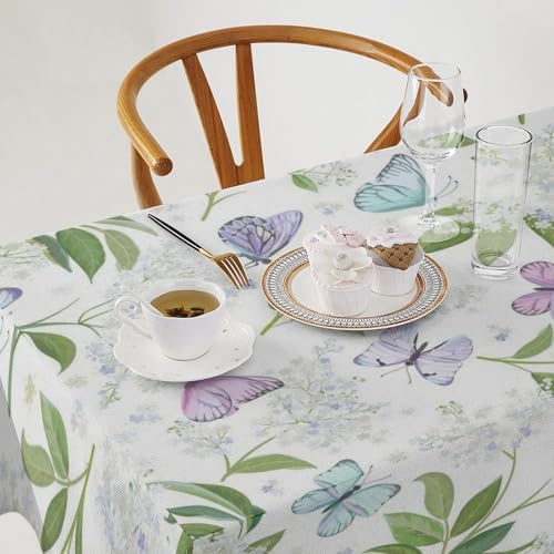 Butterfly Floral Tablecloth, Spring Summer Watercolor Flowers Plants Leaves Print Table Cover for Party Picnic Dinner Decor 60x120in