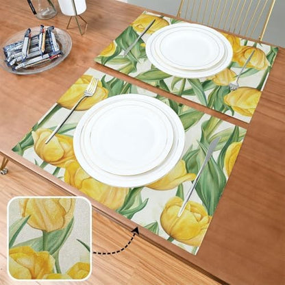 ALAZA Yellow Tulip Flowers Set of 4 Placemats Rectangle Table Mat for Dining Table Restaurant Kitchen Home Decor, 12" x 18"