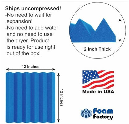 Foam Factory Inc 24 Pack Color Acoustic Foam Panel Studio Soundproofing Wedge Wall Tiles 12” X 12” X 2” (Blue)