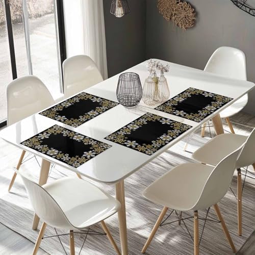 Gold White Snowflakes Chriatmas Placemats Set of 4, Winter Xmas Holiday Heat Resistant Washable Table Place Mats Black Cotton Table Linens Party Holiday Decor for Kitchen Dining Outdoor Indoor