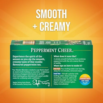 Twinings Peppermint Cheer Herbal Tea Individually Wrapped Bags, 20 Count (Pack of 1), Peppermint & Vanilla, Naturally Caffeine-Free, Enjoy Hot or Iced, 20 Teabags