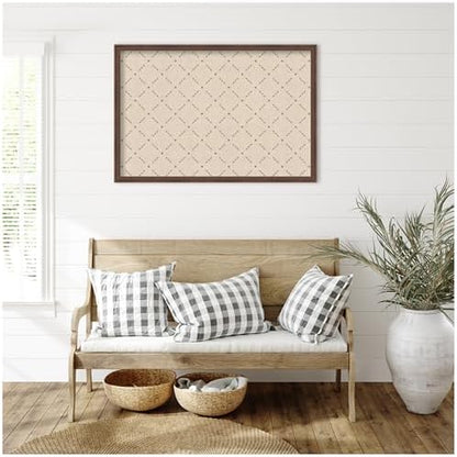 Kate and Laurel Framed Fabric Pinboard 38 x 26, Green Lattice Pattern Printed Linen Classic Bulletin Board for Use as a Vision Board or Wall Organization, Florence Medium Brown Frame