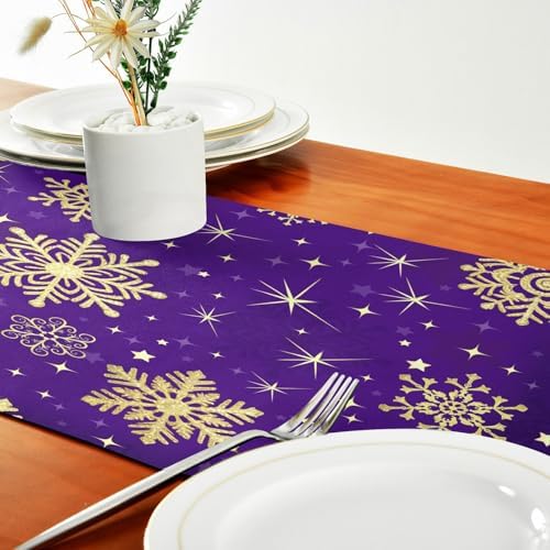 ALAZA Double-Sided Winter Violet Purple with Gold Snowflakes Christmas Table Runner 14x108 Inches Long,Table Cloth Runner for Wedding Birthday Party Kitchen Dining Home Everyday Decor