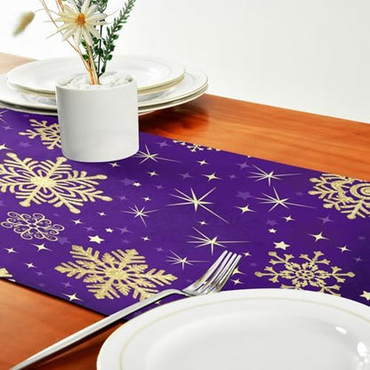 ALAZA Double-Sided Winter Violet Purple with Gold Snowflakes Christmas Table Runner 14x108 Inches Long,Table Cloth Runner for Wedding Birthday Party Kitchen Dining Home Everyday Decor