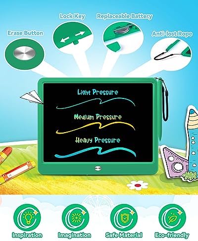 KOKODI 12 Inch LCD Writing Tablet with Anti-Lost Stylus Erasable Doodle Board Colorful Toddler Drawing Pad Car Travel School Games Toys for 3 4 5 6 7 8 Kids Birthday Gift for Girls Boys Adults Green